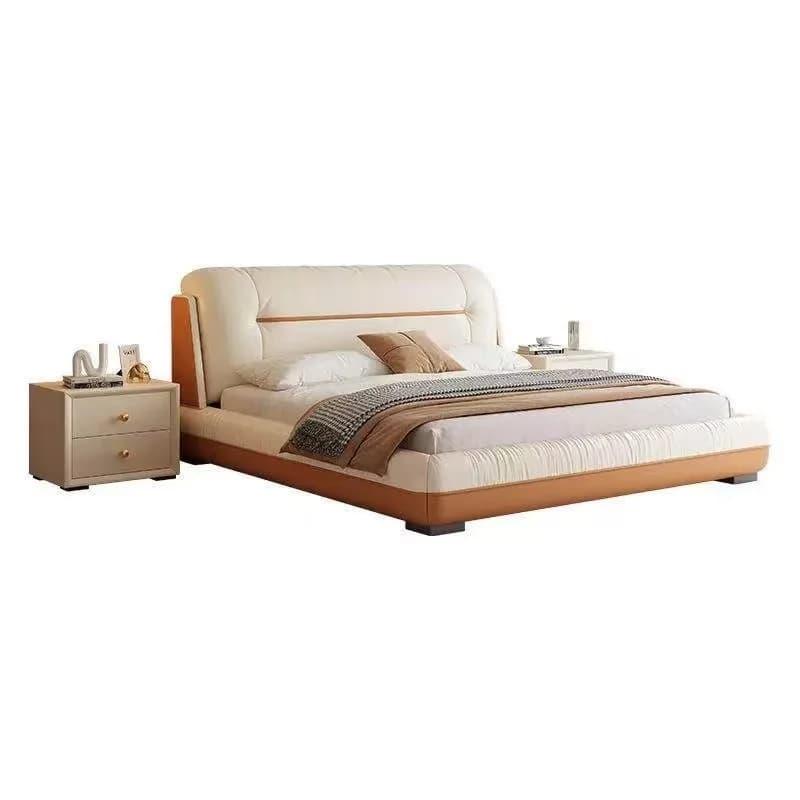French Cream Leather Upholstered Bed Queen Double with Storage and Bedside Table FT-673