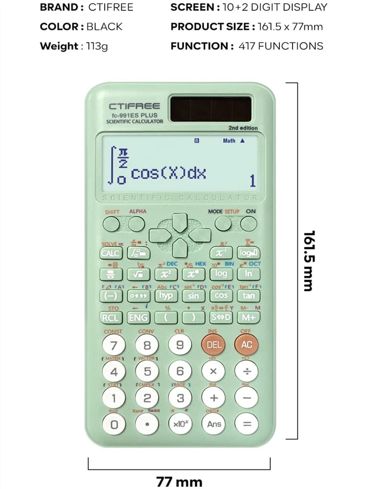 Scientific Calculator: A mathematical calculator featuring 417 functions, a 10+2-digit display, and dual-power supply.