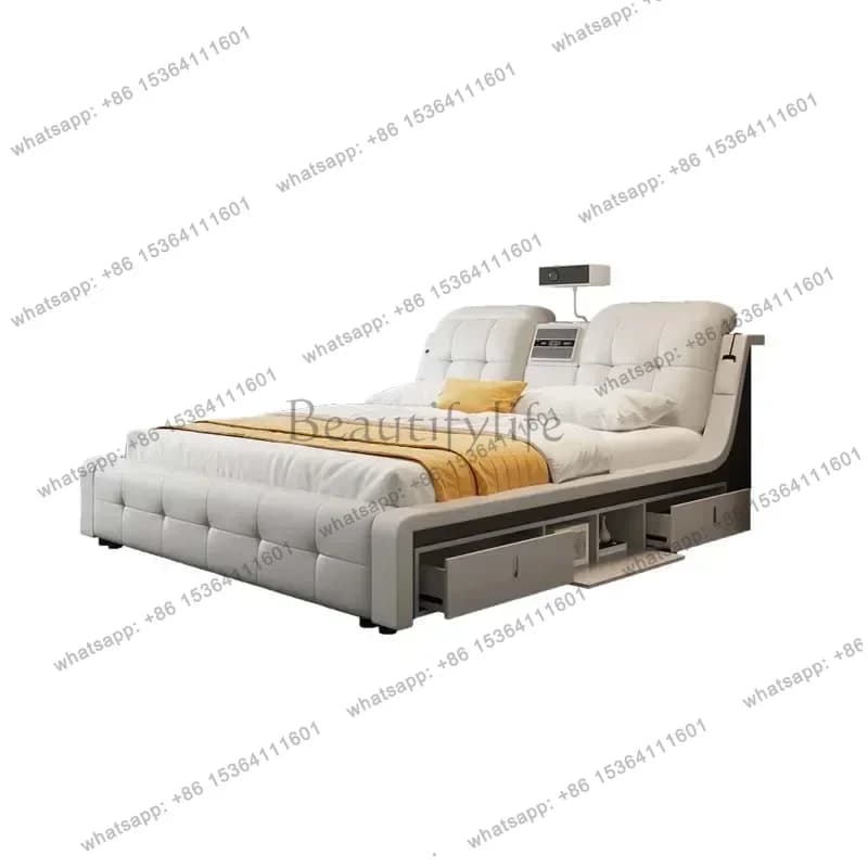 PG Usb Charge Projector Double Bed Luxury Modern Leather Storage Bedroom Bed Massage Wood Literas Multifuncional Furniture Home