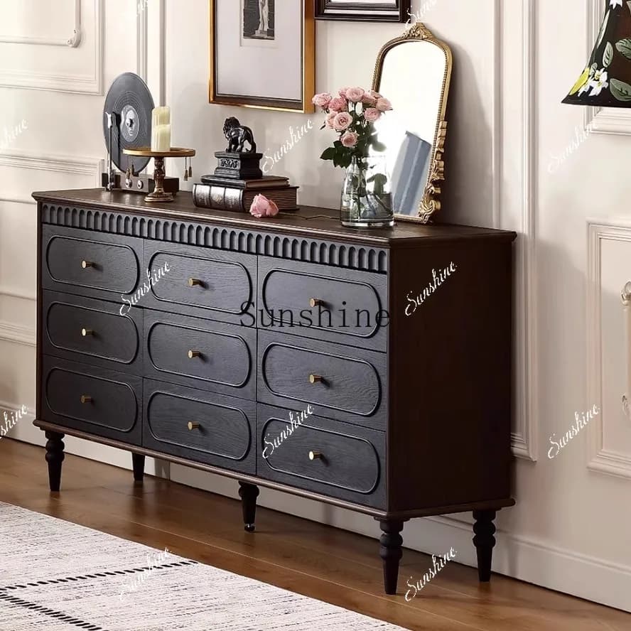 French retro solid wood living room storage cabinet against the wall, nine-bucket drawer cabinet by the dining side FT
