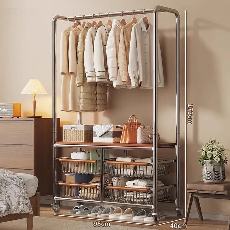 Vintage Coat Rack Movable Clothes Rack Floor-standing Bedroom Living Room Garment Rack Storage Shelfpromote sales