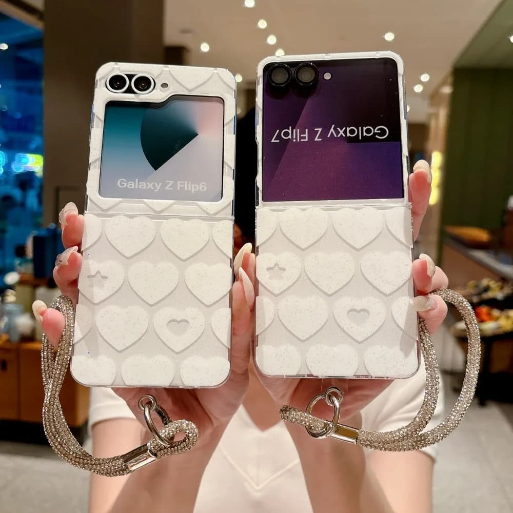 For Samsung Galaxy Z Flip 5 6 7 FE White Heart Pattern Phone Case Color PC Hard Shell Protective Bracelet Back Cover