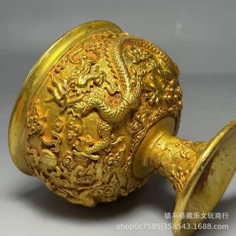 Antique gilded copper wine cup double dragons playing with pearls, vintage Qing Dynasty Qianlong era high-footed tribute cu