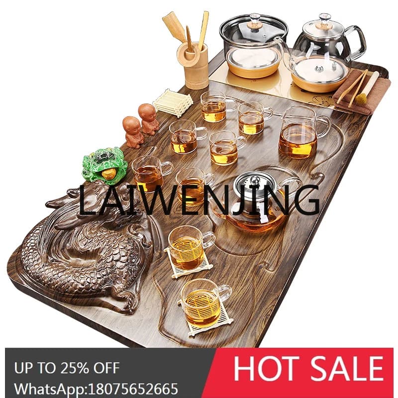 RWJ Kung Fu Tea Set Suit Glass Bottom Water Integrated Solid Wood Tea Tray Living Room Tea Table