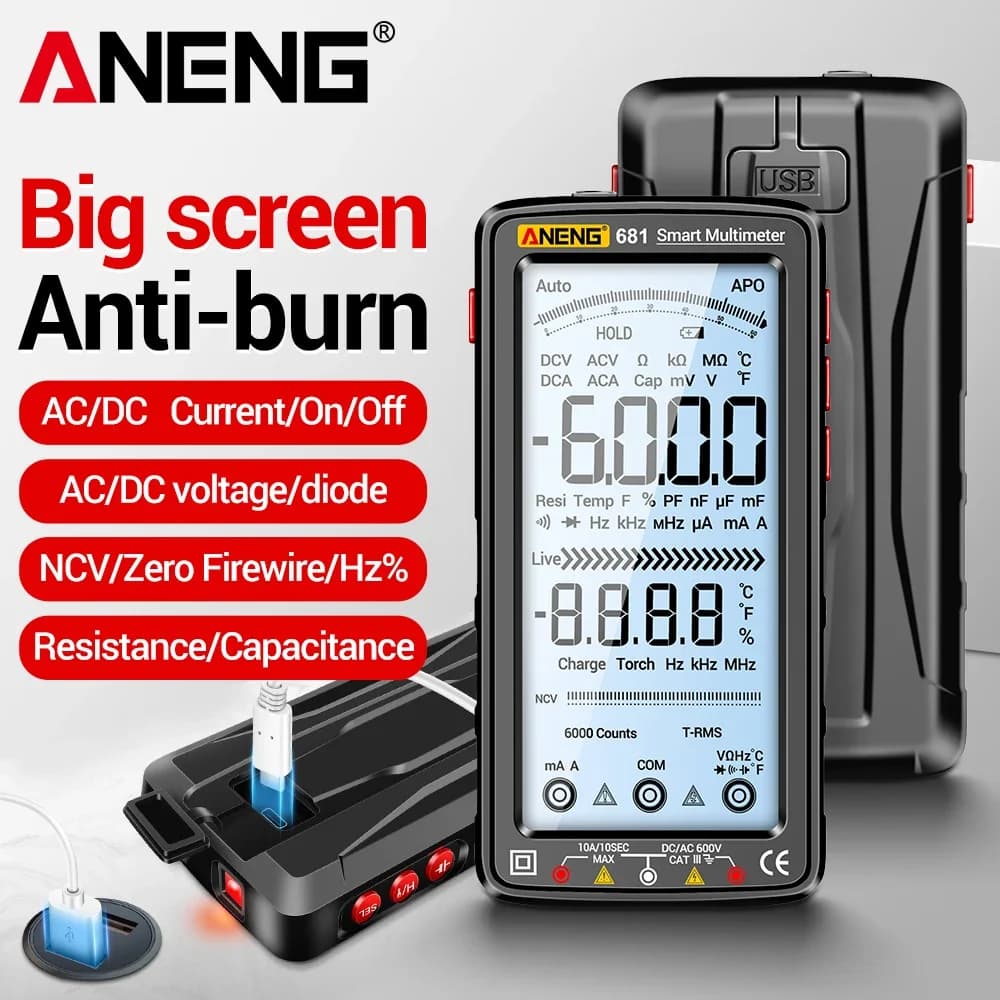 ANENG 681 Digital Multimeter Rechargable AC/DC Current NCV Voltage Induction Temperature LCD Screen Professional Repair Tester