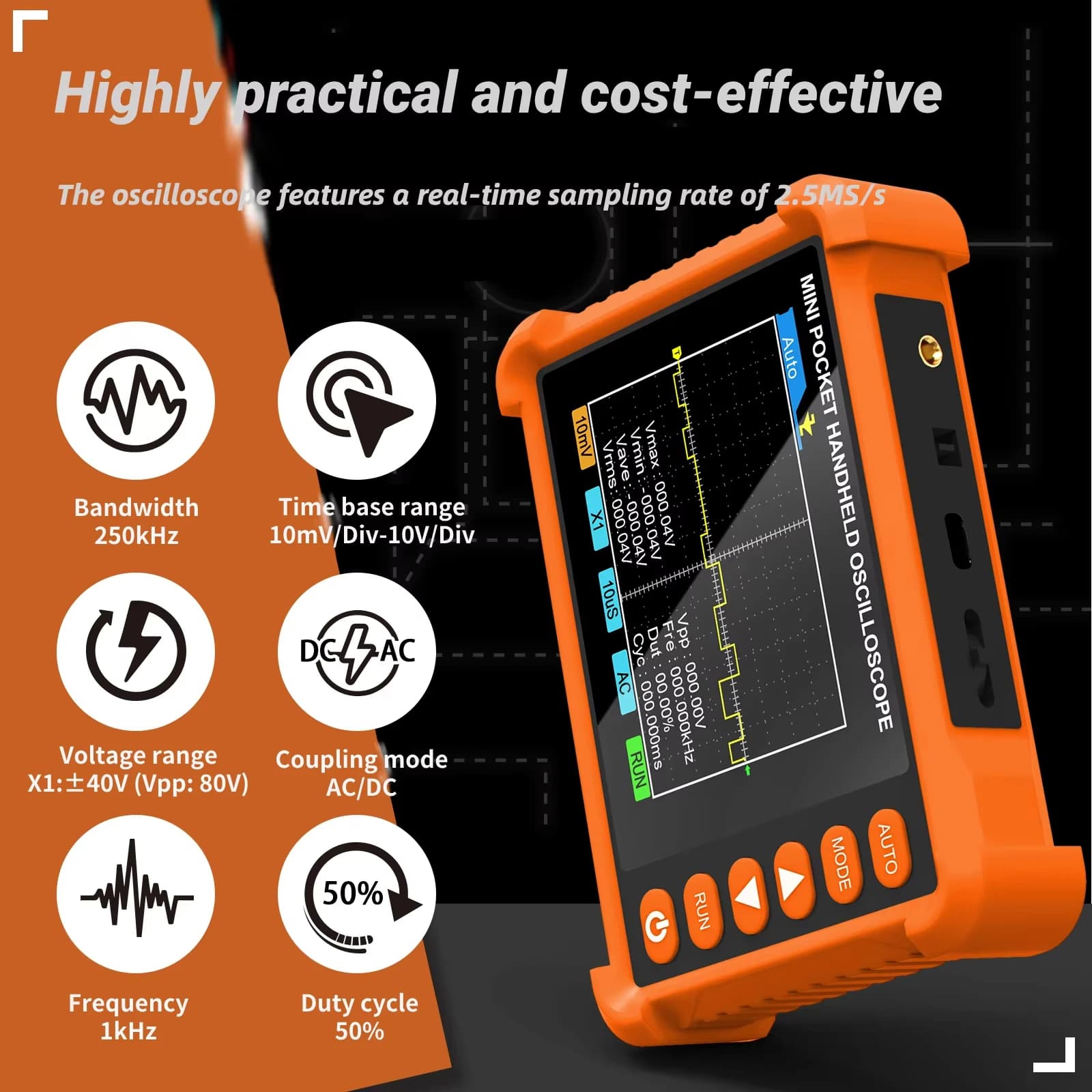 Oscilloscope,Digital handheld,Bandwidth:250kHz,Sampling rate:2.5MS/s,AUTO measurement,rechargeable,Complete triggering function