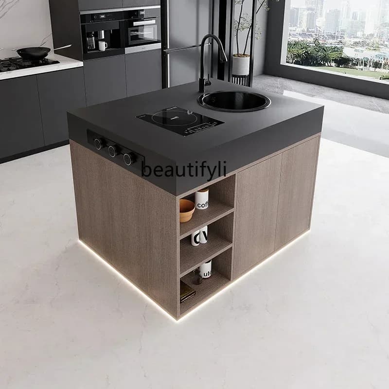 Single island platform head rock slab island table, desk, cooking, sink, water bar collapse