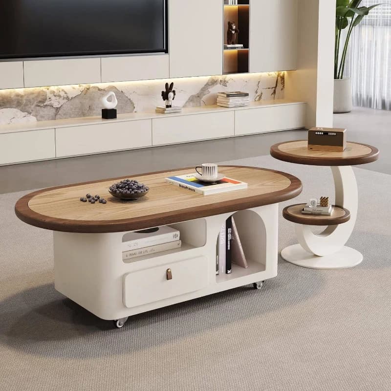Cream solid wood high-end coffee table movable small apartment oval
