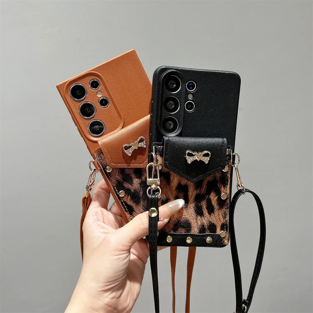 Y2K Wild Leopard Card Holder Phone Case for Samsung Galaxy S26 Ultra S25 A57 Crystal Bow Wallet Crossbody Strap Protective Cover