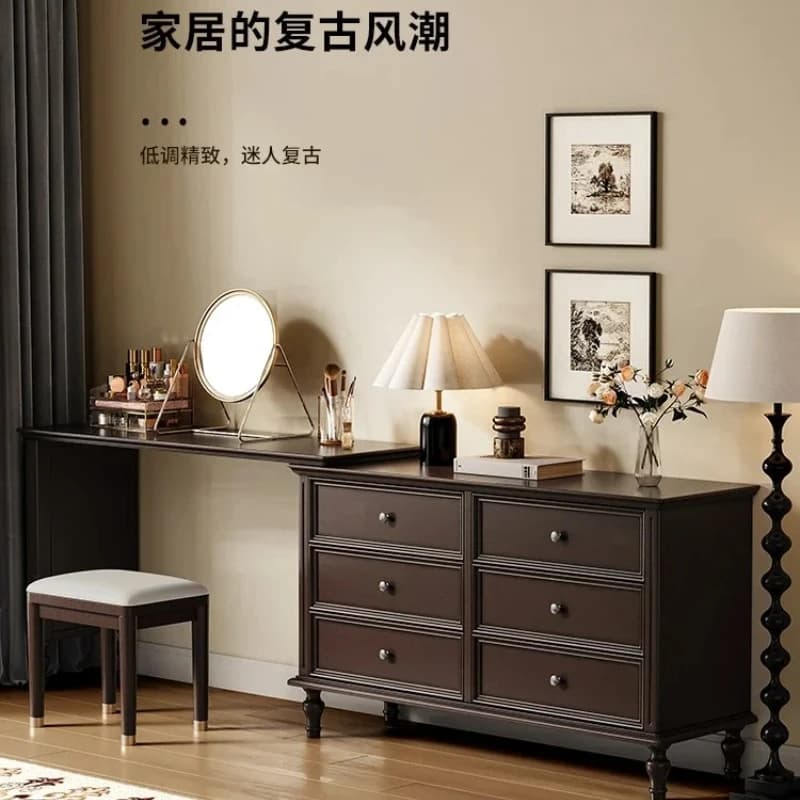 YY-Retro Solid Wood Makeup Vintage Style Extendable Bedroom Bedside Chest Dressing Table Integrated Desk