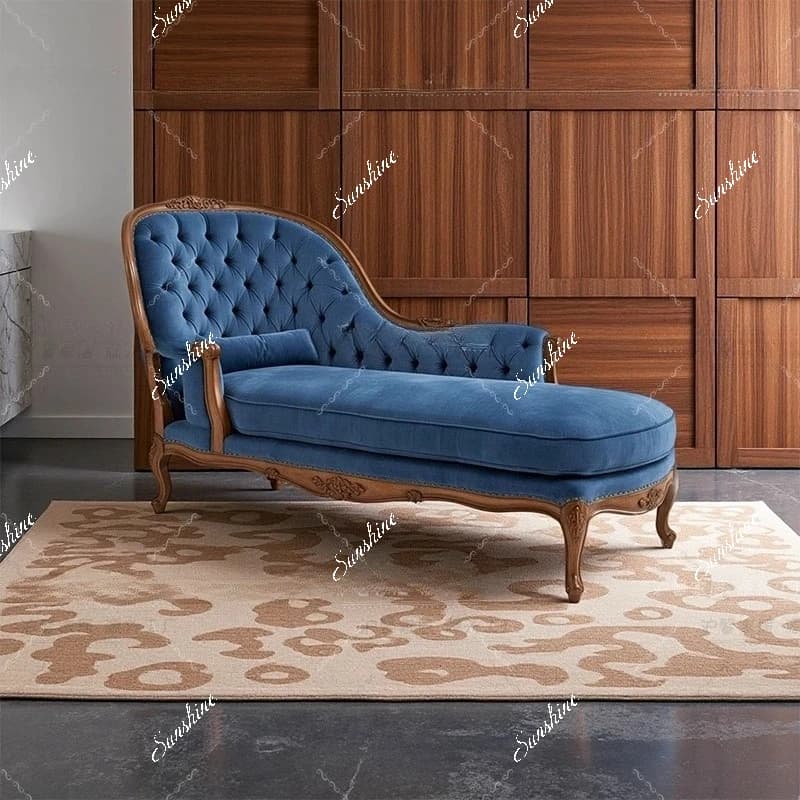 French retro wind solid wood carving flower chaise longue bedroom lounge chair