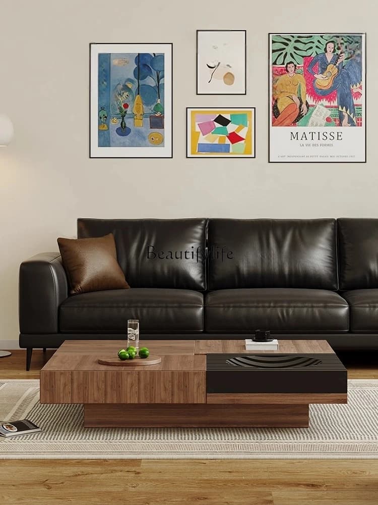 Wabi-sabi wind coffee table art storage Italian minimalist square walnut leather coffee table