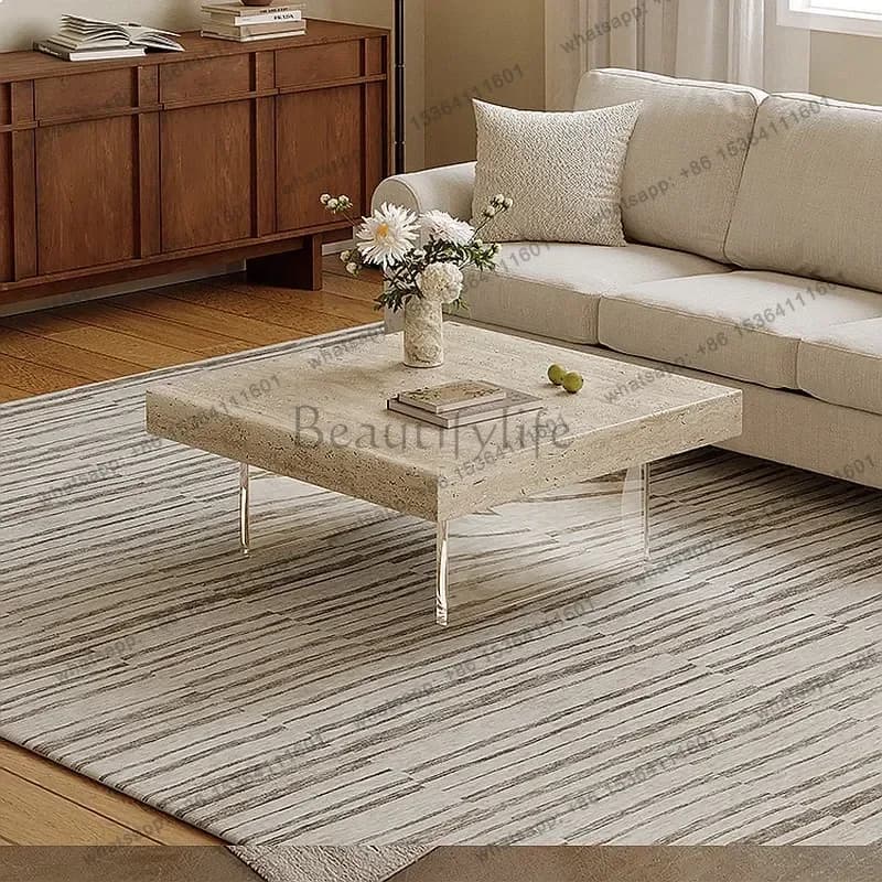 YJ Modern Minimalist Natural Travertine Coffee Table for Living Room, Wabi-Sabi Style Floating Rectangle Tea Table for Small Spa
