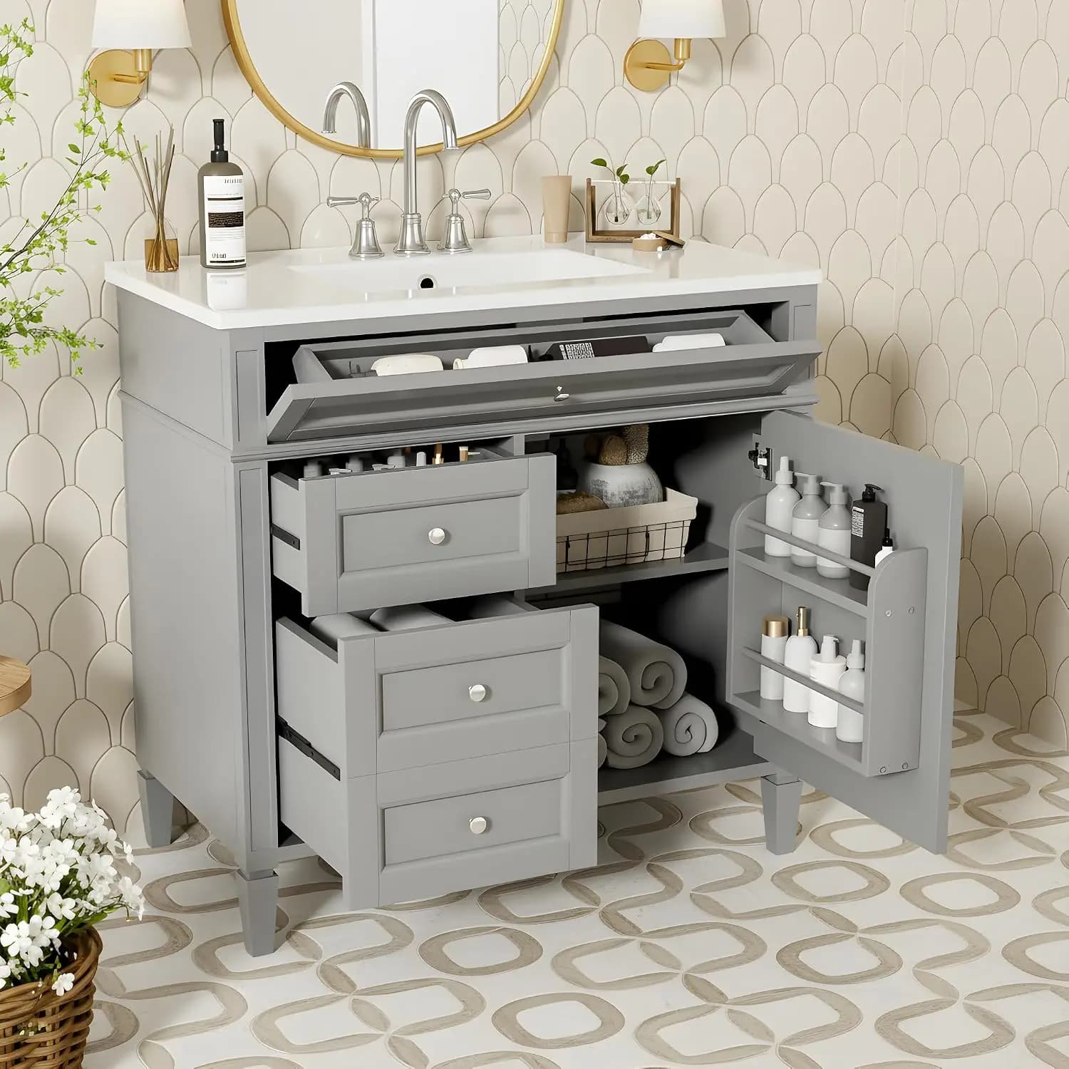 Bathroom Vanity Storage Cabinet with 2 Drawers & 1 Door, Top Tip-out Drawer, Solid Wood Frame, Painted Finish, Customized