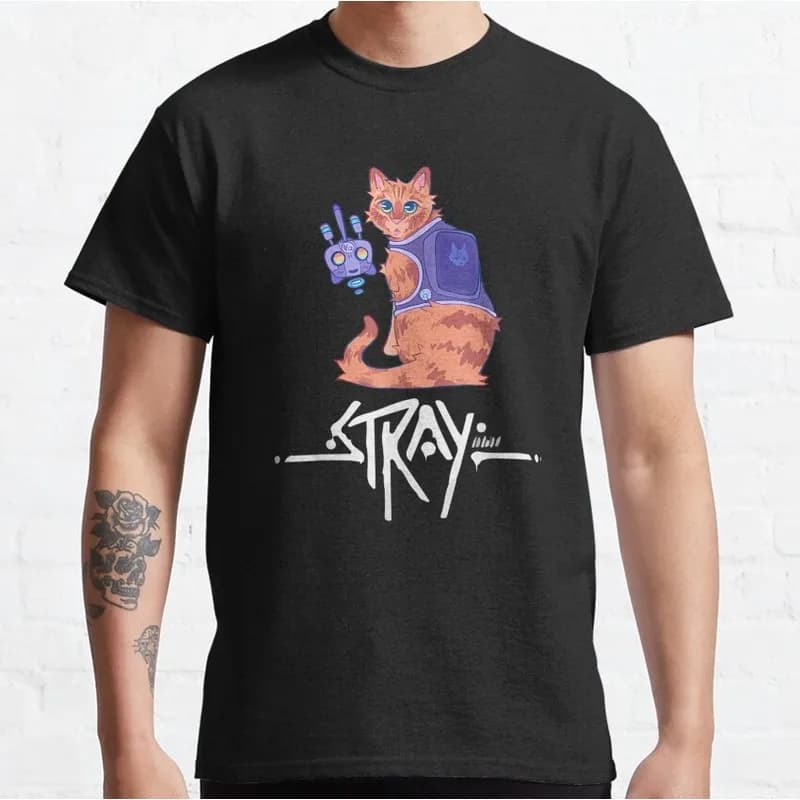 Stray Video Game Cat Graphic T‑Shirt O‑Neck Short Sleeve Unisex Tees Cyberpunk Stray Cat Print Casual Streetwear For Gamer Fans