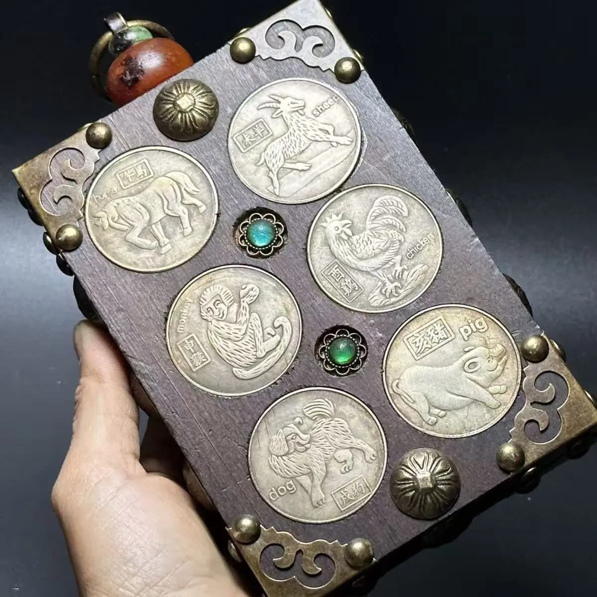 Collection of wooden inlaid twelve zodiac eight treasures wood carving ornament pendant handle wall hanging