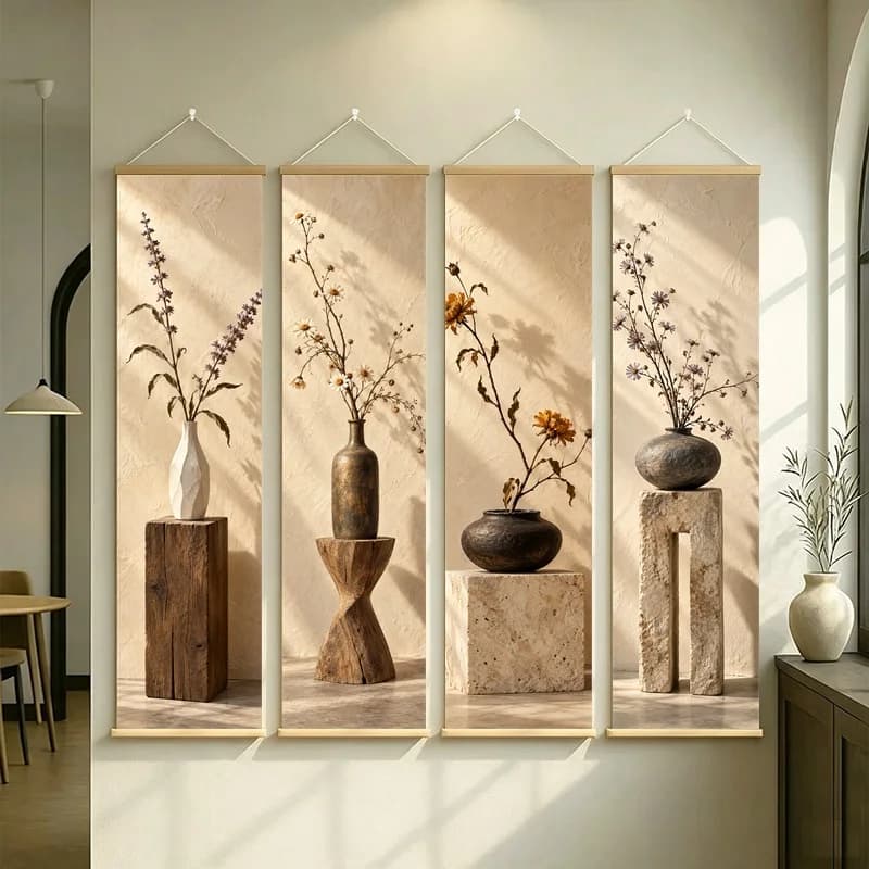 Wall Art Dried Daisy and Dried Calendula, Wabi-Sabi Silver Shimmer Canvas Hanging Scroll for Peaceful Japandi Living Room