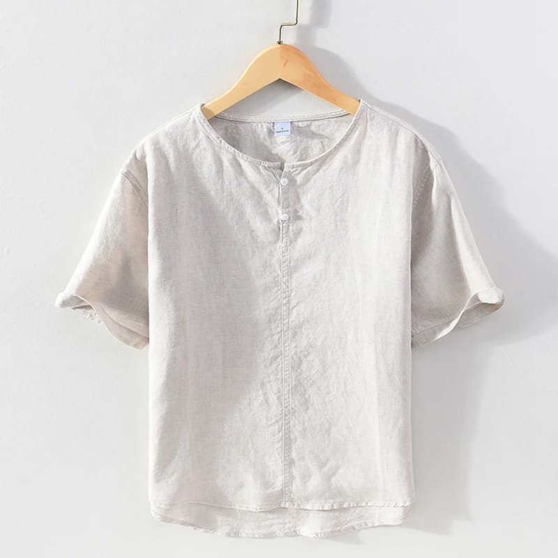 100% Linen Men's Short Sleeve Tshirt Sold Color Thin Stand Collar Pullover Tops Tee Casual Summer Comfortable T Shirt For Man
