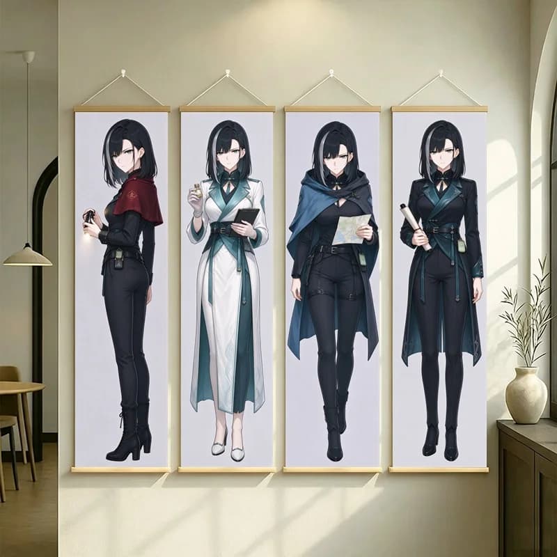 Black Haired Anime Girl Wall Scroll with Flowing Robes and Dark Outfits in Fantasy Full Length Illustration for a Bedroom