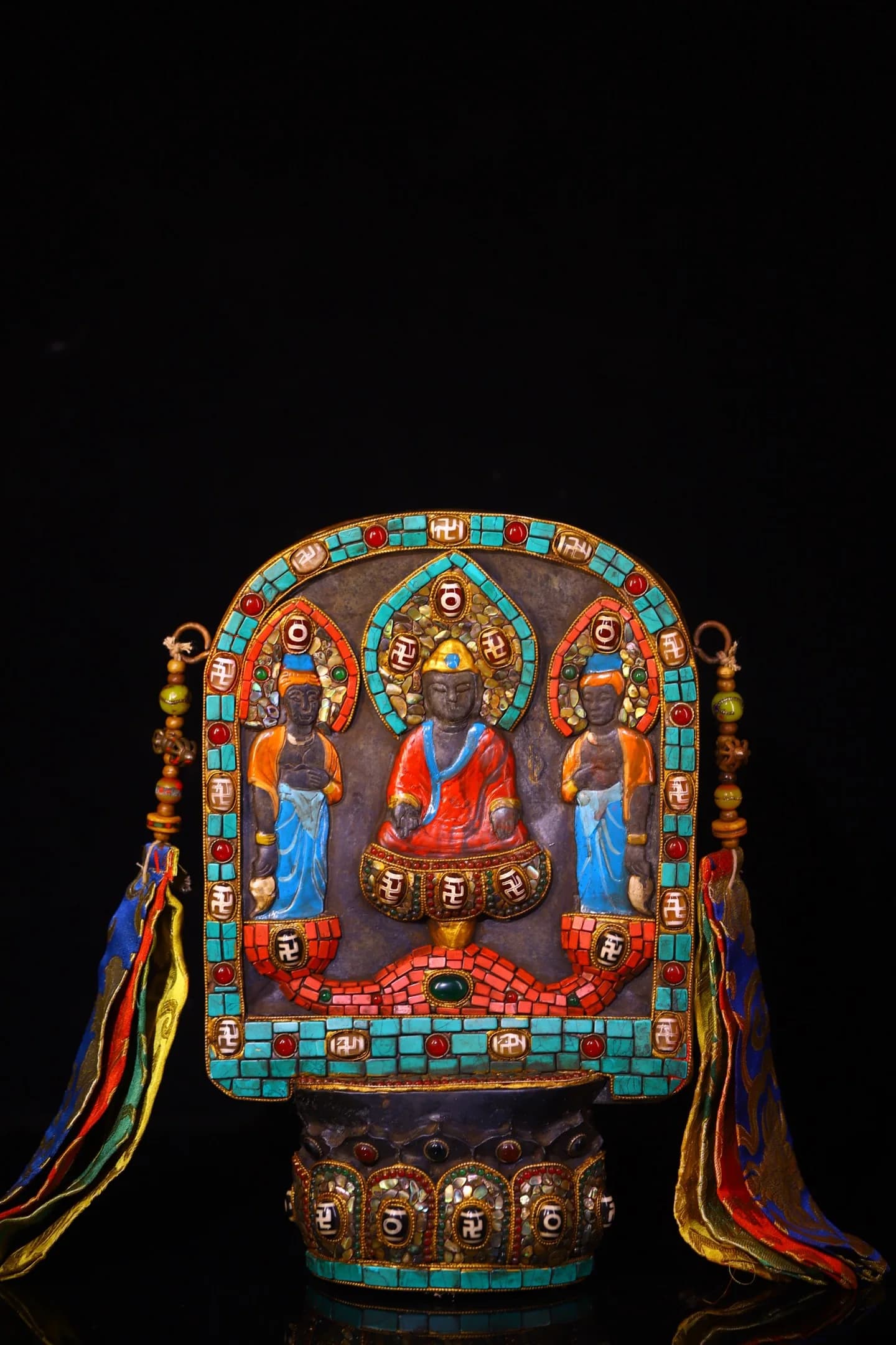 12"Xizang Folk Old Natural Meteorite Mosaic Gem gZi Beads Turquoise Shell Shakyamuni Buddha Card Buddhist Niche Worship Hall