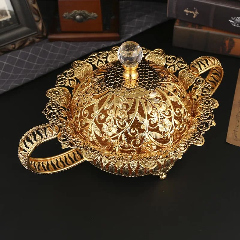 Metal Fruit Basket with Lid, European Style Large Food, Snack, Candy Storage Tray, Exquisite Craft Tableware. Trinket Dish