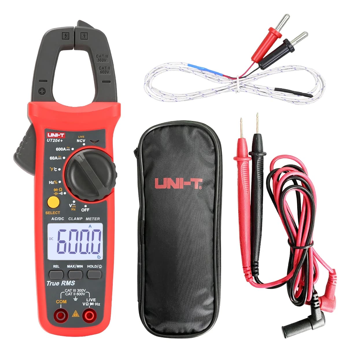 UNI-T 204+ Digital Clamp Meter 600A AC DC Current Voltage True RMS Pliers Ammeter Resistance Capacitance Temperature NCV Tester