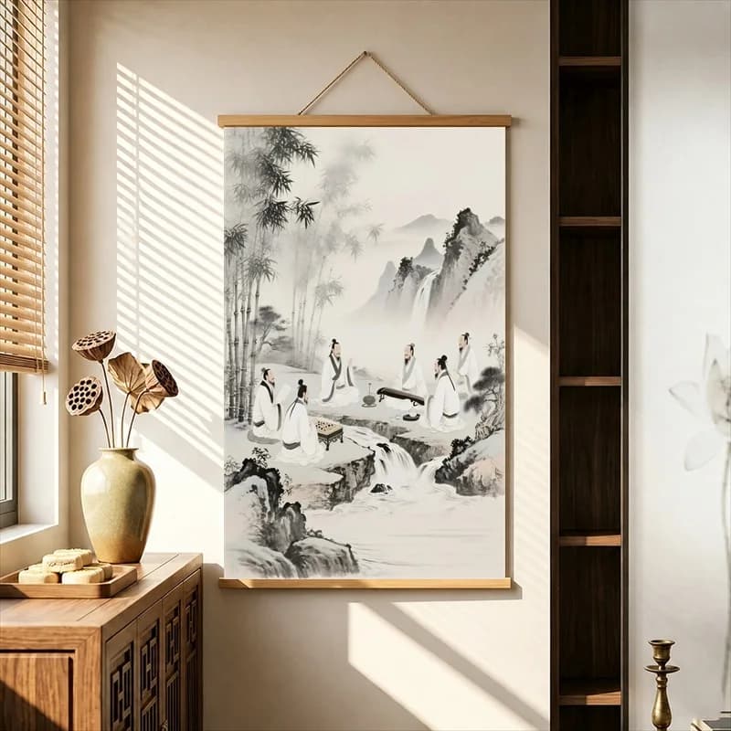 Wall Art Ancient Scholars beside Mountain Streams, Pearlescent Canvas Hanging Scroll for Calligraphy Studio Interior Decor