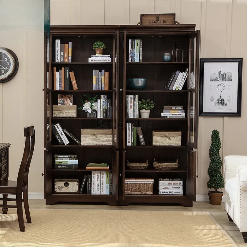 01American solid wood retro bookcase combination black walnut