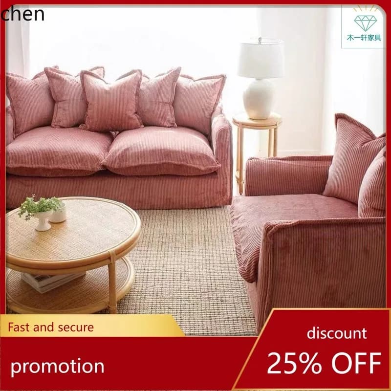 HT Cream Wabi-Sabi Style Corduroy Living Room Fabric Sofa with Removable and Washable Straight-Line Sofa