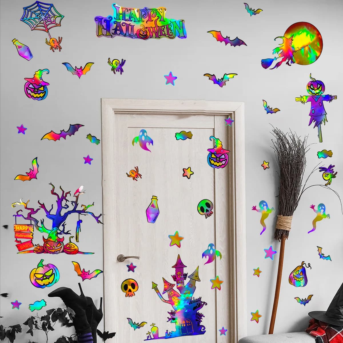 Ombre Halloween Wall Decals - Color-Shifting Bat & Pumpkin Decor for Spooky Home Makeove