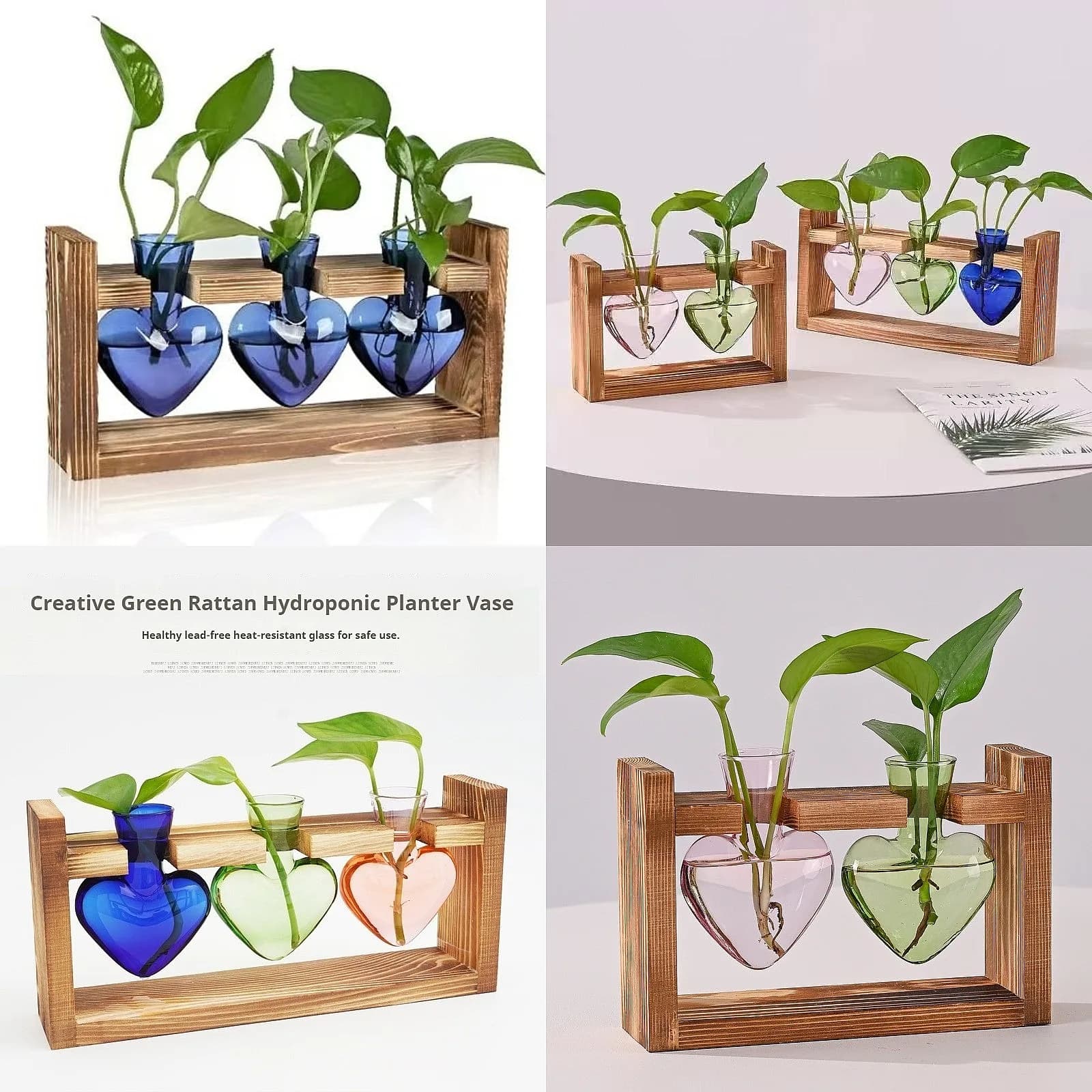 Creative Colorful Heart Shaped Transparent Glass Vase Wooden Frame Hydroponic Vase Container Home Office Table Decoration