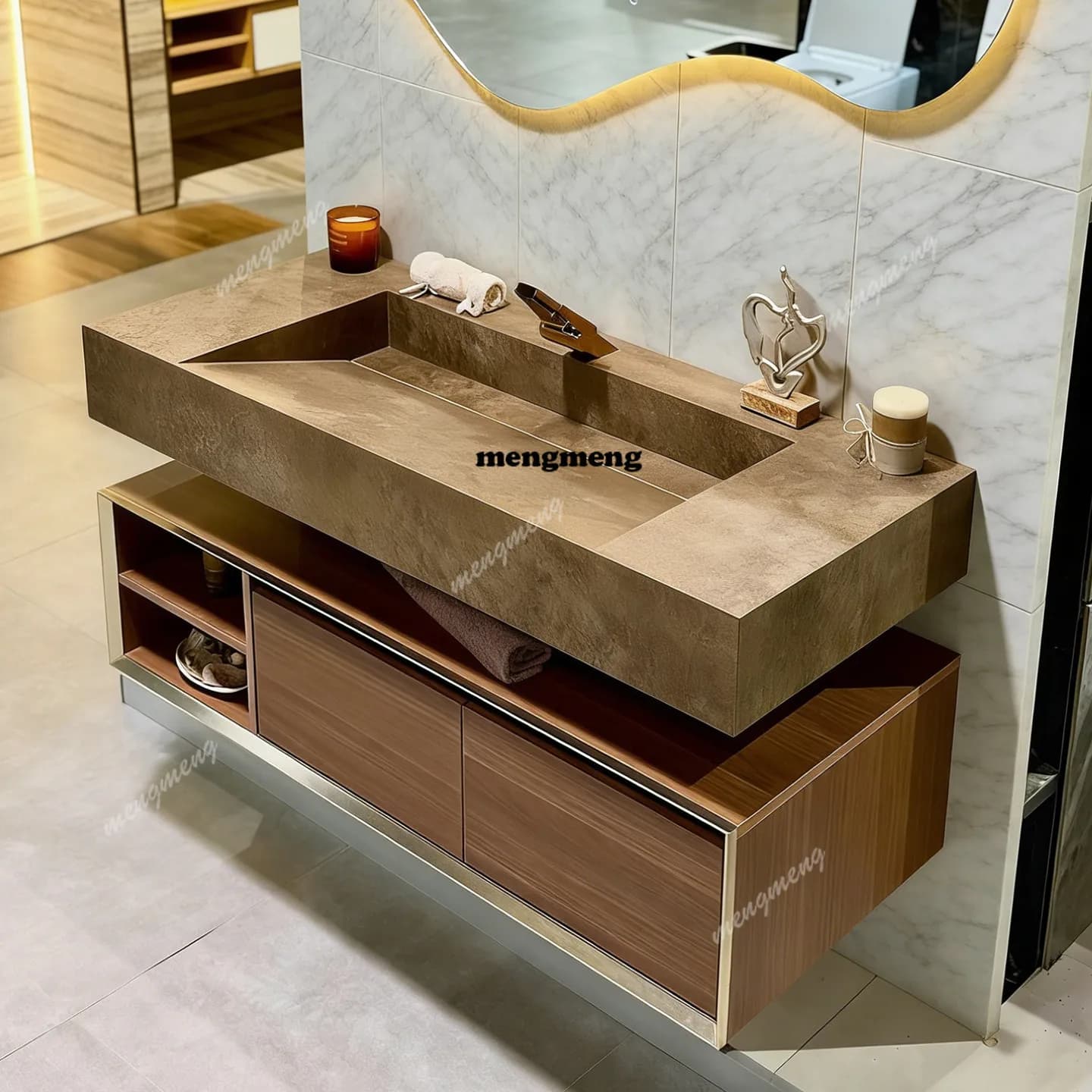 Quiet wind bathroom cabinet rock slab seamless integrated basin washbasin light luxury high-end washbasin customization