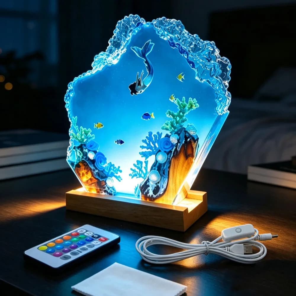 Creative Handmade Epoxy Resin Deep-sea Mermaid Luminous Ornament Ocean Landscaping Solid Wood Home Decoration Crafts