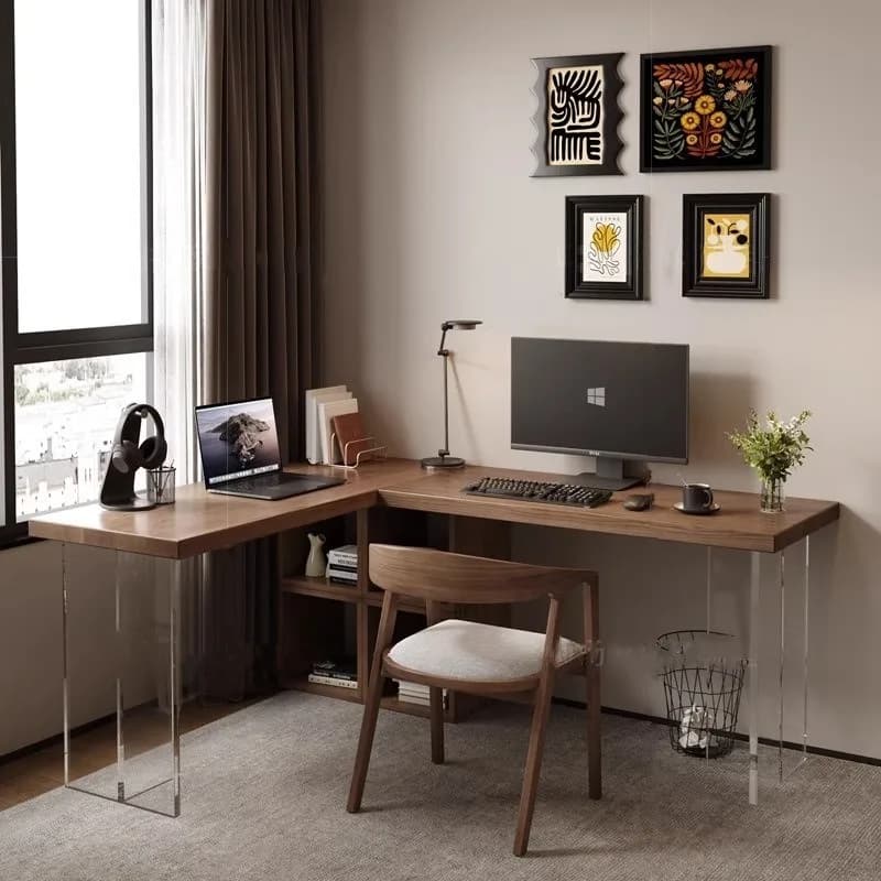 Nordic simple solid wood desk suspended bookcase, computer desk integrated double long workbench