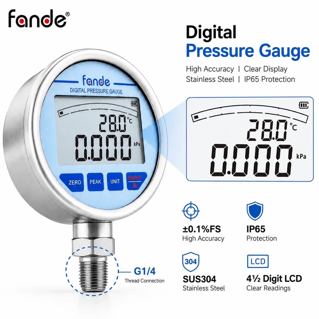 Electronic Pressure Tester G1/4 100MPa ±0.1%FS High Resolution LCD IP65 SUS304 Stainless Steel for Hydraulic Pneumatic Equipment