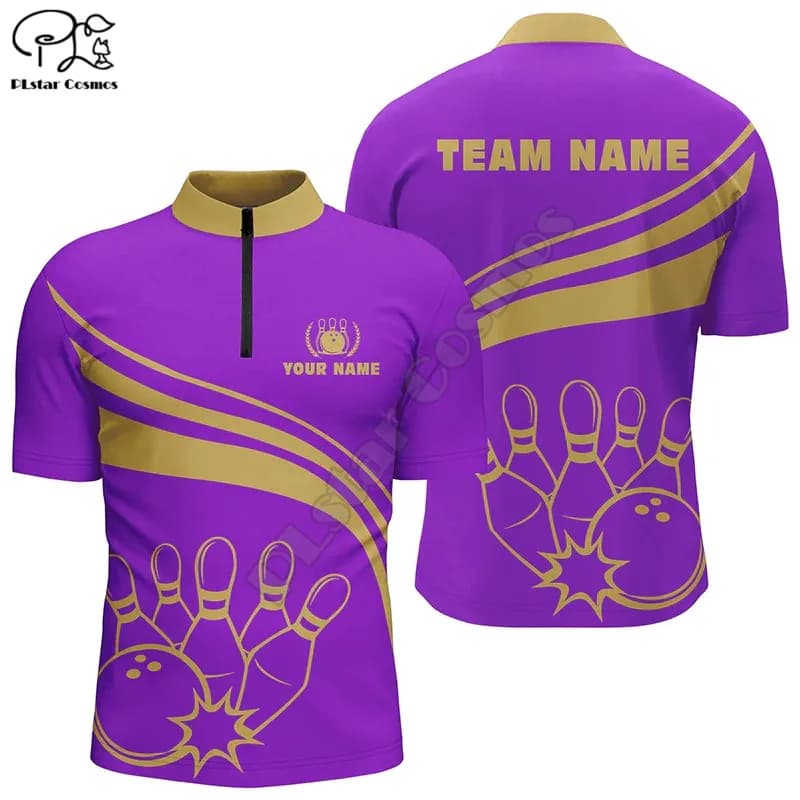 Personalized bowling Quarter Zip shirts for men, custom men's bowling shirt team bowl jersey Purple 3D Print Shirts Tees Tops