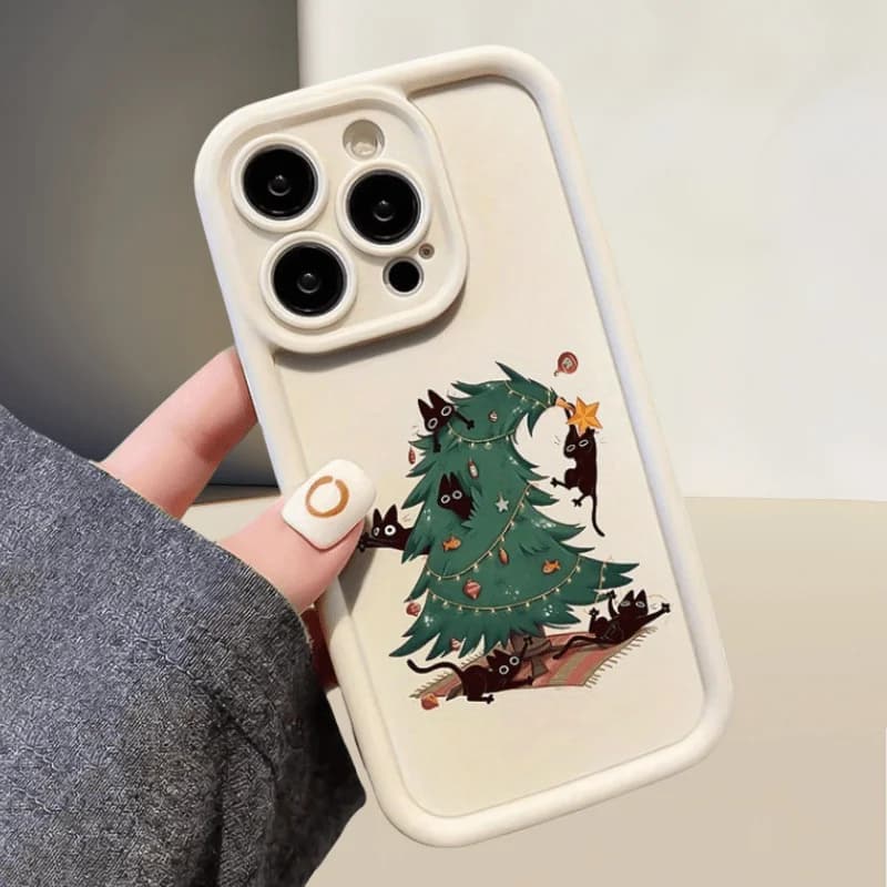 Black Cat and Christmas Tree Design Phone Case Suitable for iPhone 17 16 15 14 13 12 11 Pro/Max/Plus Anti Drop and Anti Shock
