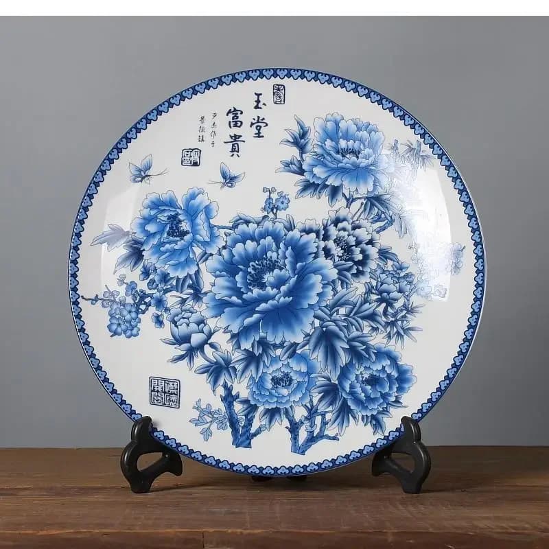 New Chinese-style Lucky Ceramic Plate Chinese Blue and White Porcelain 26cm Bracket Set Wedding Gift