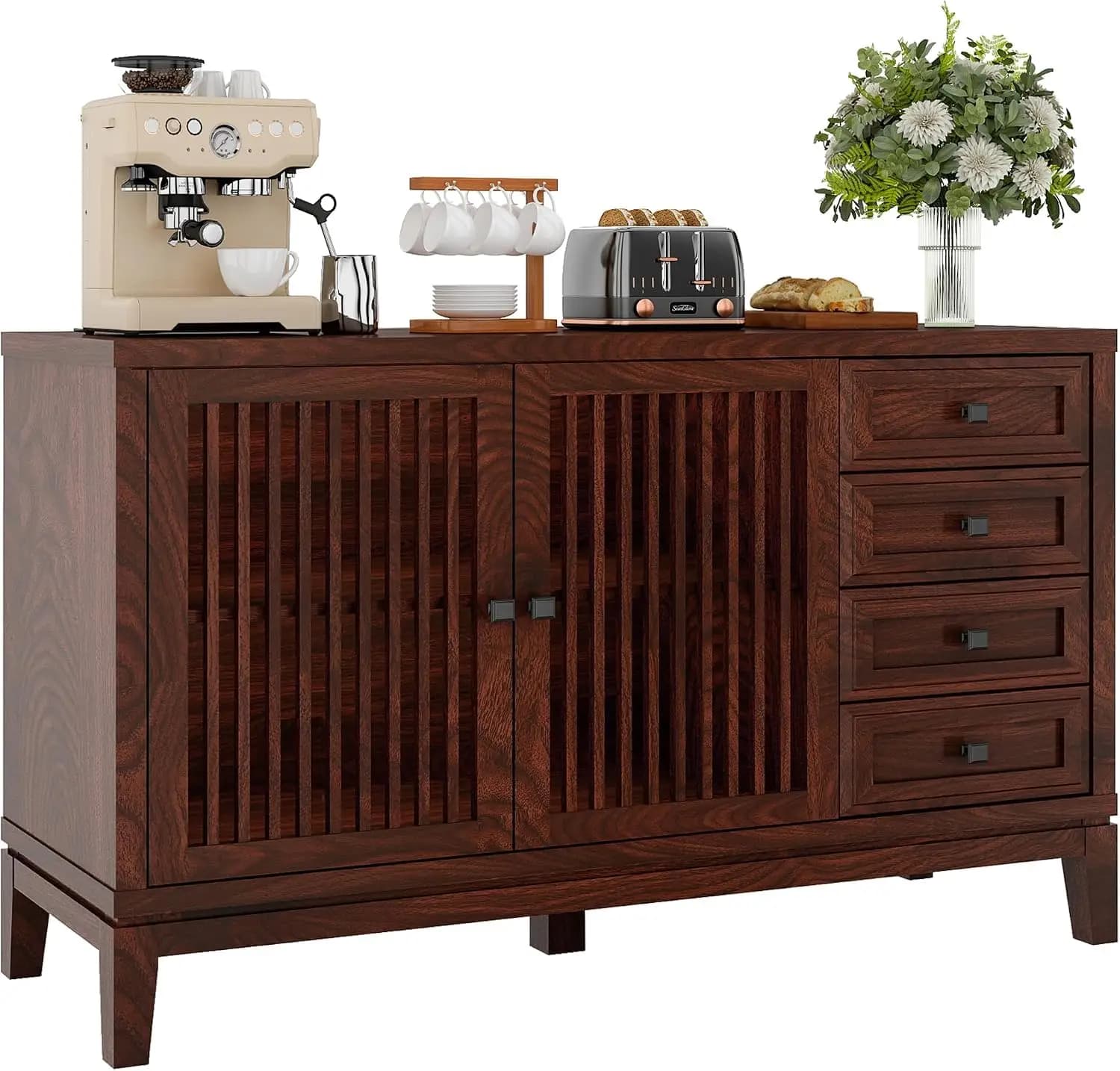 47" Walnut Farmhouse Buffet Sideboard Cabinet with Slat Doors for Kitchen | Wood Credenza with 4 Drawers & 2 Doors, Customized