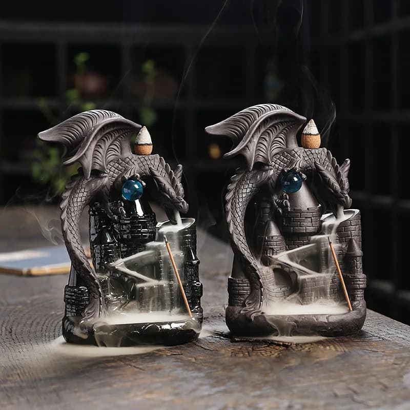 Ceramic Castle Wing Dragon Reverse Flow Smoke Aroma Burner, Dragon Pattern Reverse Flow Aroma Burner (No Fragrance)