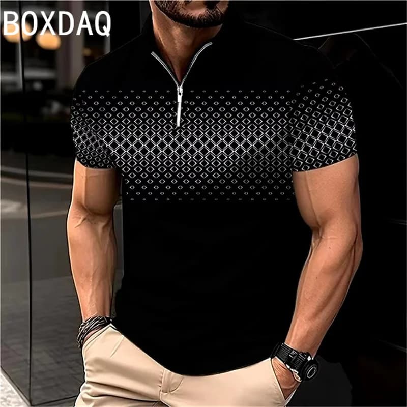 Vintage 3D Gradient Letter Printed Polo Shirt Men Golf Sport Shirt Big Size Short Sleeve With Zipper Casual Polo Shirt