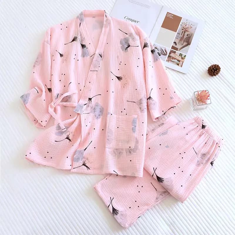 Japanese kimono ladies cotton pajamas two-piece three-quarter sleeve trousers loose home service set woman