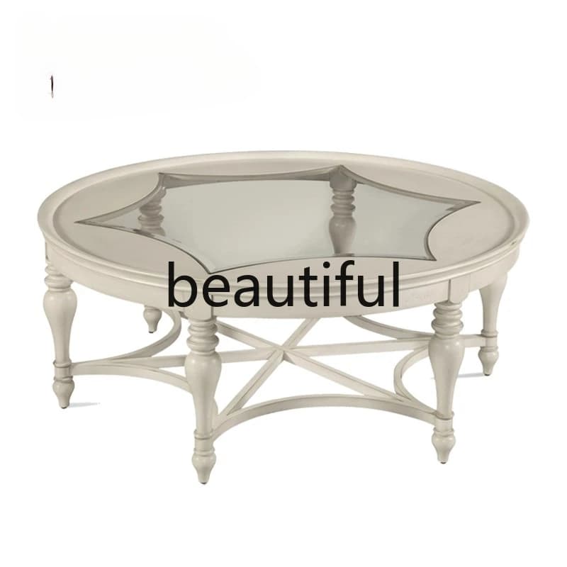 Round solid wood coffee table pastoral living room tea table tempered glass coffee table white