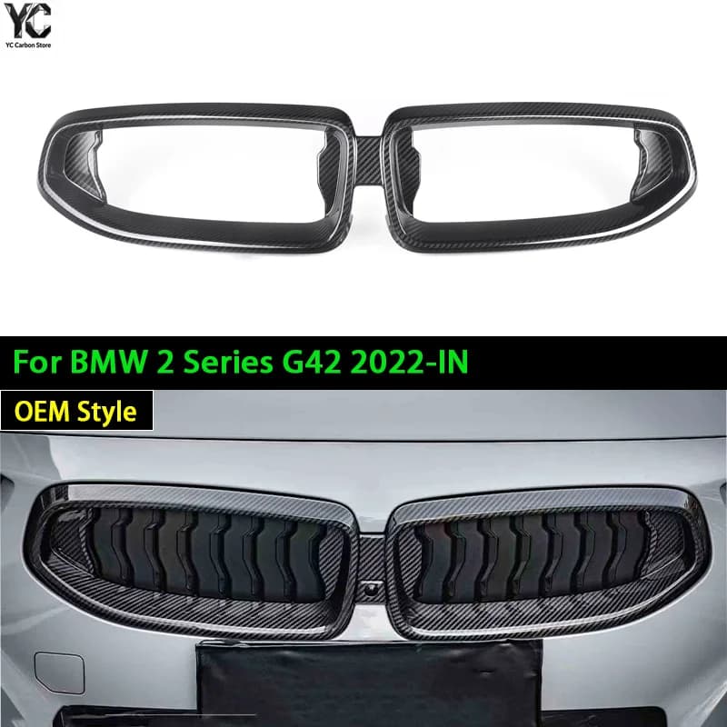 Real Dry Carbon Fiber Car Kidney Hood Radiator Grille For BMW 2 Series G42 2022-IN Gloss Black Replacement Front Bumper