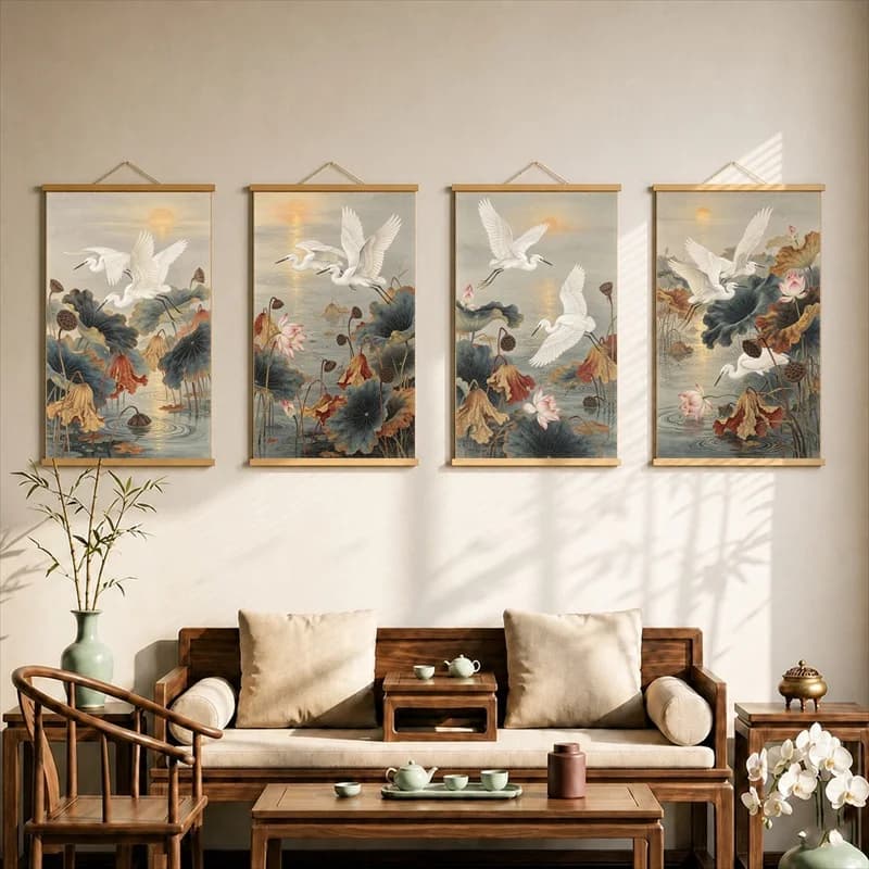 Wall Art White Egrets and Autumn Lotus, Oriental Ink Pearlescent Canvas Hanging Scroll with Wooden Rods for Tea House