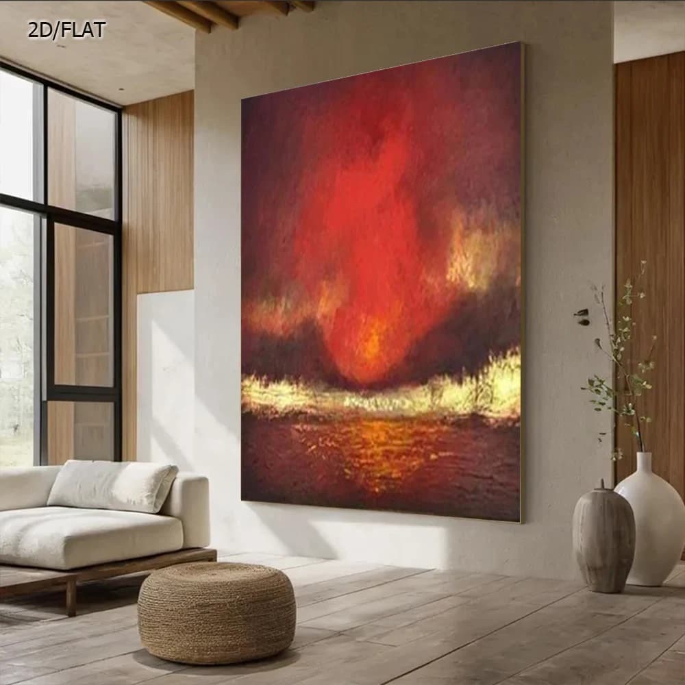 100% Handmade Abstract Oil Painting on Canvas - Red & Gold Foil Stripes Wall Art Picture for Home Living Room Decor Image Gift