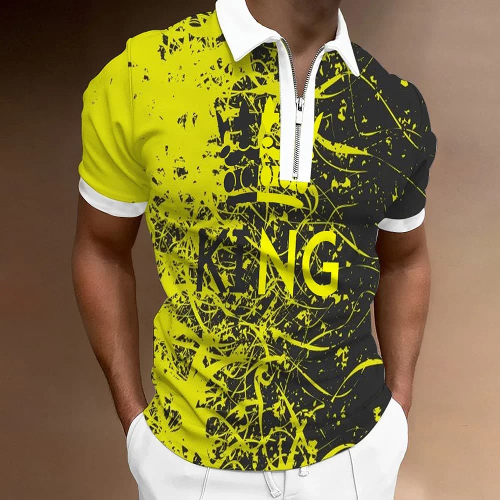 New Summer High Quality Men Polo Shirts High Street Print Casual Short Sleeve Mens Shirts Turn-Down Collar Zipper Polo Shirt Men