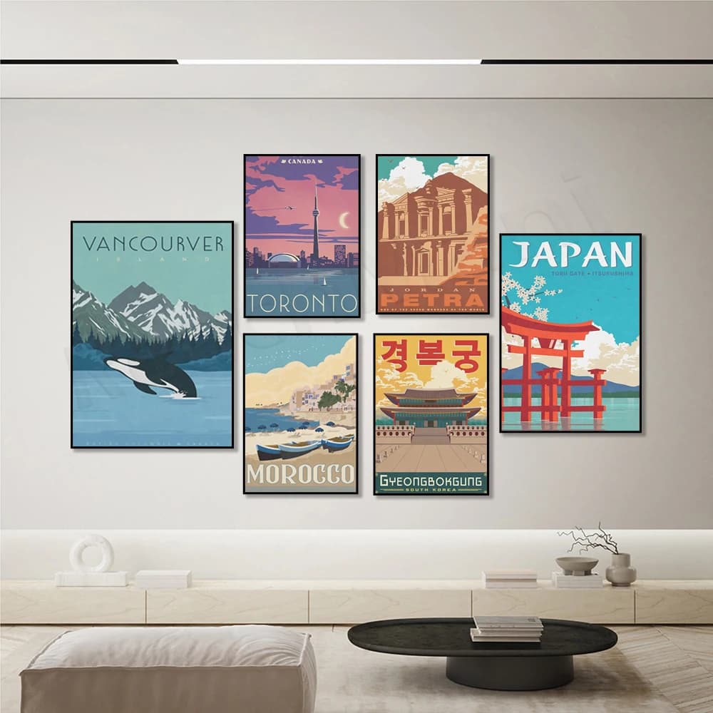 Agadir Beach Morocco, Toronto, Vancouver Island, Canada, Gyeongbokgung Palace, Seoul Korea, Japan Torii, Petra Travel Poster