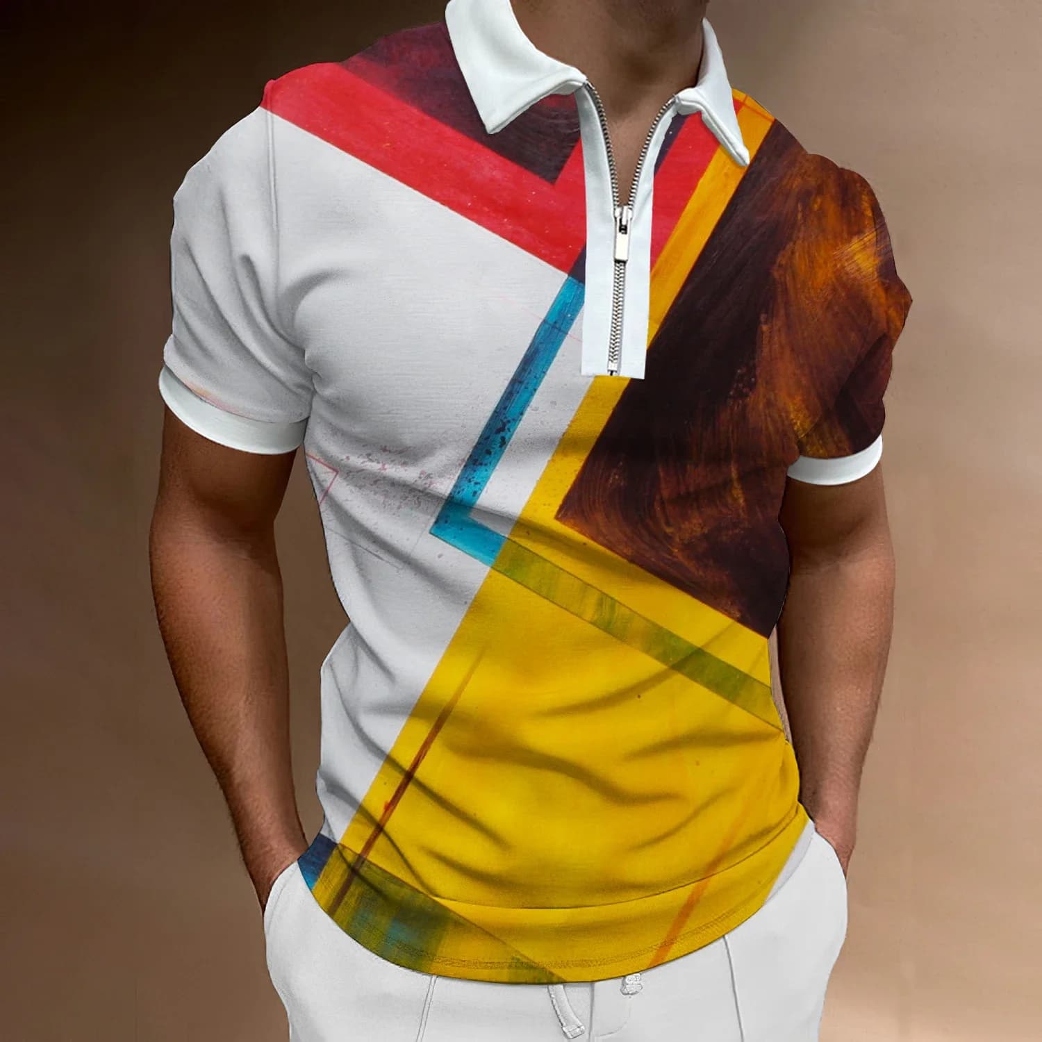 Summer High Quality Men Polo Shirts High Street Print Casual Short Sleeve Men T Shirts Turn-Down Collar Zipper Polo Shirt