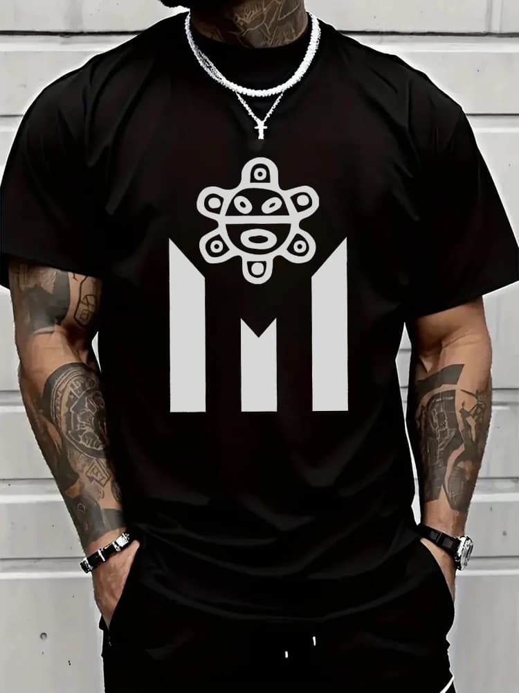 Men's 100% pure cotton Puerto Rican style white geometric T-shirt.